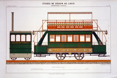 Design for a Steam Tram, plate 126 from The Industrial Practitioner, engraved by the artist